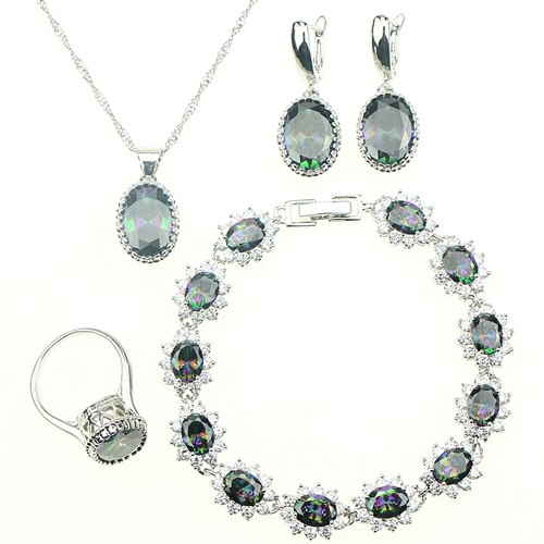 Mystic 925 Sterling Silver Women Jewelry Sets With Rainbow Fire Cubic Zirconia Pendant/Earrings/Ring/Necklace/Bracelet Gift Box