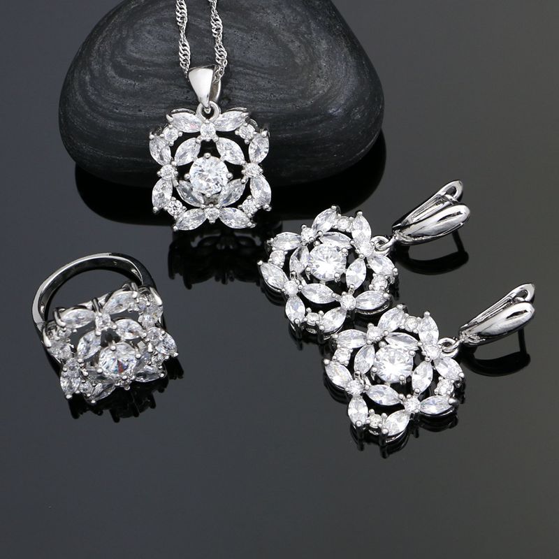 Wedding 925 Sterling Silver Bridal Jewelry Sets For Women White Cubic Zirconia Earrings Ring Necklace Pendant Set