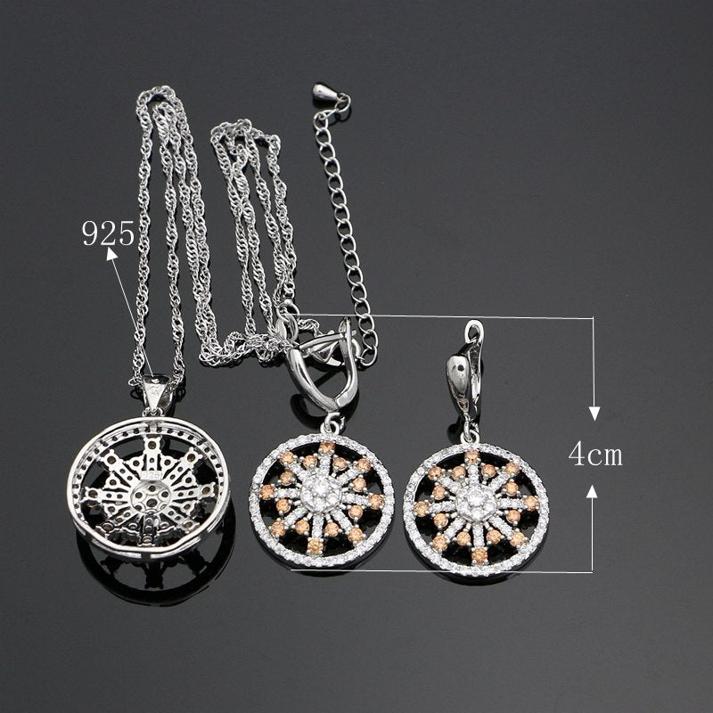 Champagne Cubic Zirconia Silver 925 Jewelry Sets For Women Engagement Accessories Earrings/Rings/Pendant/Ladyies Necklace Set