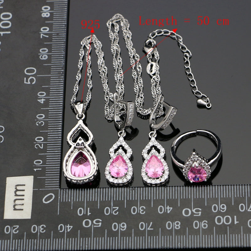 925 Silver Bridal Jewelry Sets Princes Pink CZ Decoration Women Wedding Drop Earrings Open Ring/Bracelet/Pendant/Necklace Set