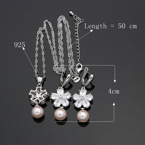 Silver 925 Jewelry White Cubic Zirconia Pink Pearls Jewelry Sets For Women Party Accessories Earrings/Pendant/Ring/Necklace Set