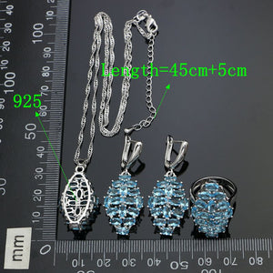 925 Sterling Silver Jewelry Sets For Women Party Decoration Sky Blue Cubic Zirconia Earrings Ring Necklace Pendant Set