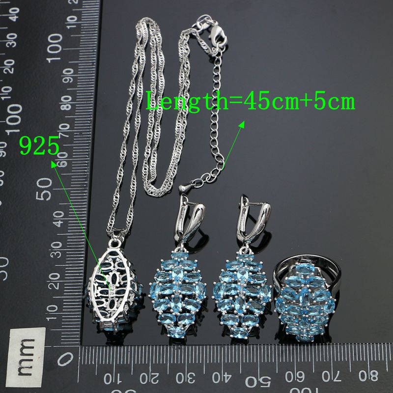 925 Sterling Silver Jewelry Sets For Women Party Decoration Sky Blue Cubic Zirconia Earrings Ring Necklace Pendant Set