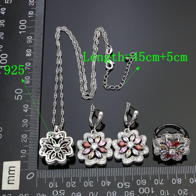 925 Silver Bridal Jewelry Sets For Women Multicolor Cubic Zirconia White Crystal Earrings/Pendant/Necklace/Ring/Bracelet Set