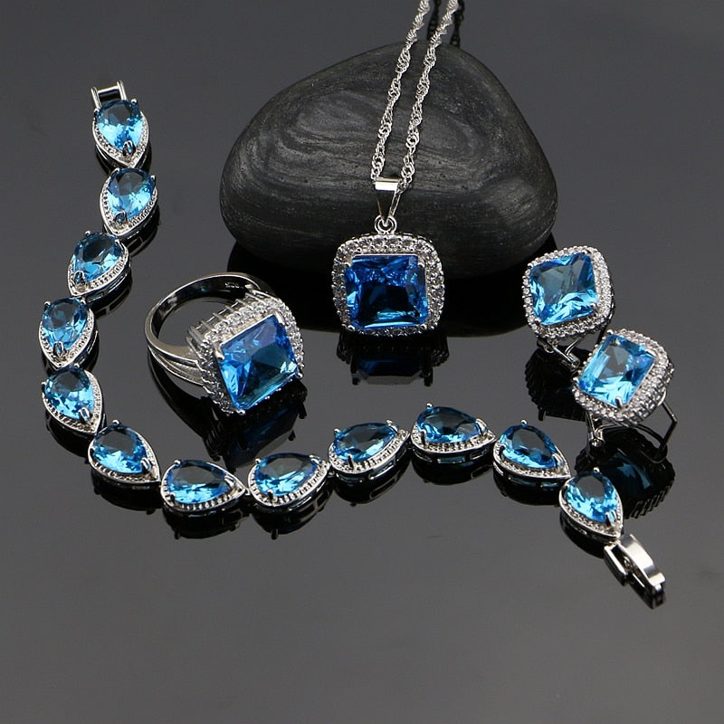 Square Sky Blue Zircon 925 Sterling Silver Jewelry Sets For Women Caucasian Wedding Earrings/Rings/Bracelet/Pendant/Necklace Set