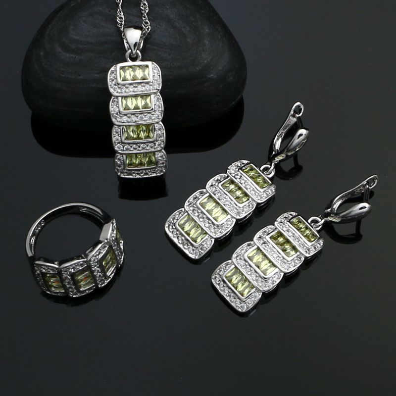 925 Silver Jewelry Sets For Women Olive Green Cubic Zirconia White Crystal Earrings Ring Necklace Pendant Party Accessories