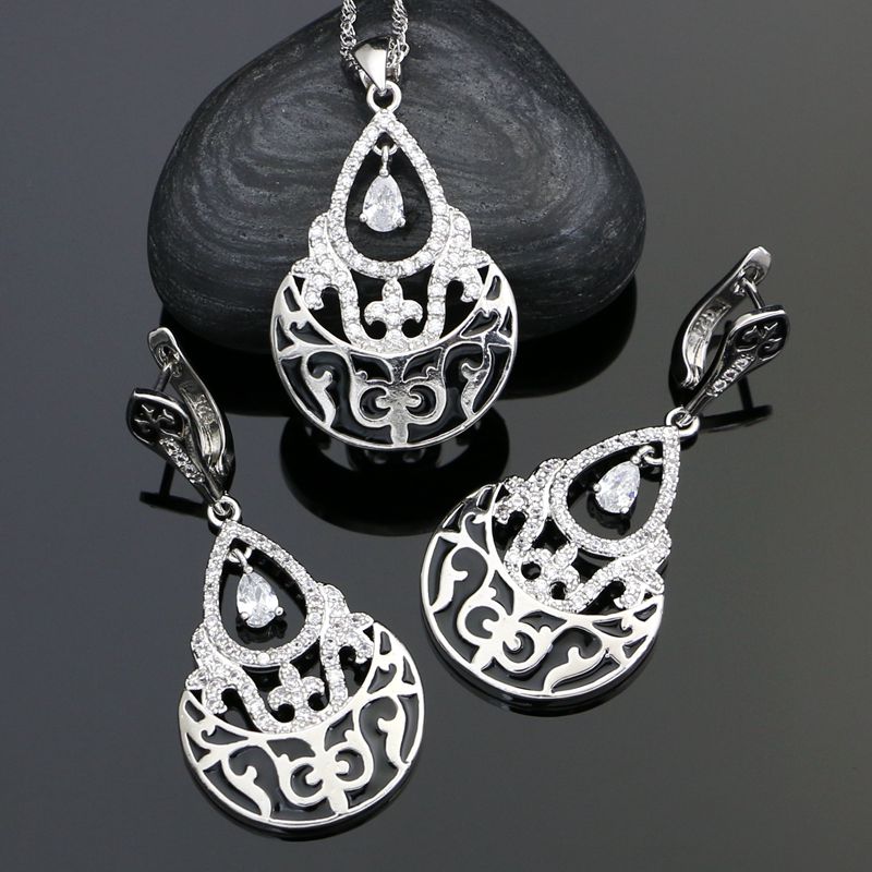 925 Sterling Silver Punk Jewelry Sets For Women Party Decoration Black Pattern White Crystal Earrings/Necklace/Pendant Set