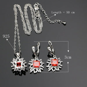 Natural Red Stone White Crystal 925 Silver Jewelry Sets For Ladies Weeding Earrings Silver Flower Bride Necklace Set