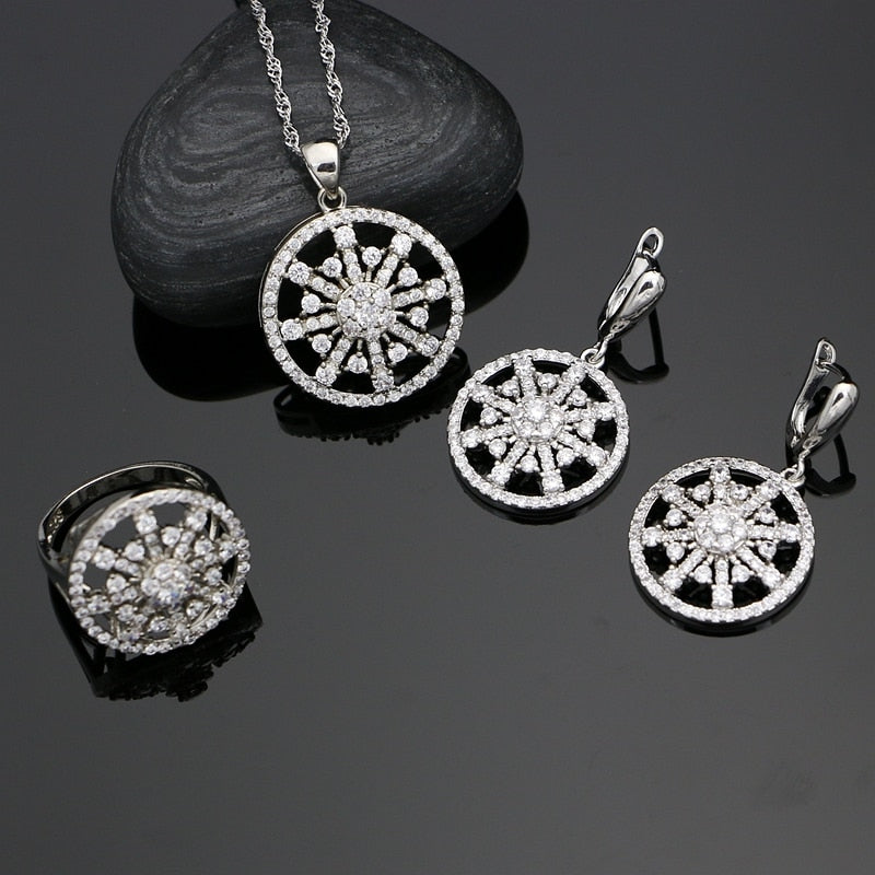 Trendy 925 Silver Jewelry Sets White Crystal For Women Party Earrings With Stone Ring Pendant Necklace Set