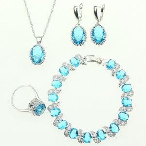 Oval Natural Sky Blue Zircon 925 Sterling Silver Jewelry Sets For Women Wedding Earrings/Rings/Bracelet/Necklace Set