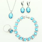 Oval Natural Sky Blue Zircon 925 Sterling Silver Jewelry Sets For Women Wedding Earrings/Rings/Bracelet/Necklace Set