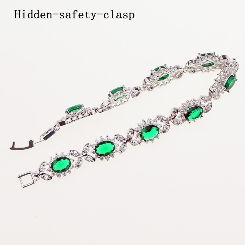 Noble Green Natural Gem Stone White Zircon 925 sterling-silver-jewelry Link Chain Bracelet 19cm For Women Wedding Free Gift Box