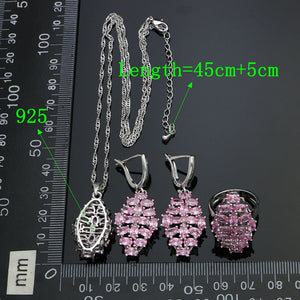 925 Sterling Silver Wedding Jewelry Sets For Women Bridal Accessories Pink Cubic Zirconia Earrings/Rings/Pendant/Necklace Set