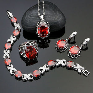 Classic 925 Silver Jewelry Sets For Bride Wedding Decoration Red Cubic Zirconia Earrings/Pendant/Necklace/Ring/Bracelet Set