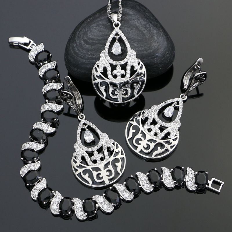 925 Sterling Silver Punk Jewelry Sets For Women Black Pattern White Cubic Zirconia Earrings/Bracelet/Necklace/Pendant Set