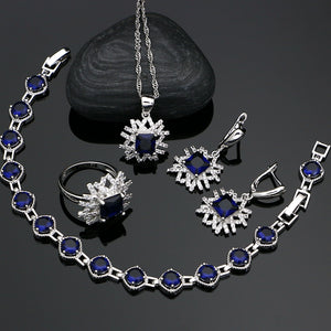 Square 925 Silver Jewelry Sets Natural Blue Cubic Zirconia Necklace Set For Women White Crystal Sterling Silver Jewelly