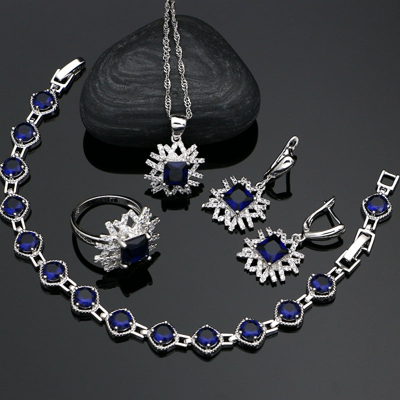 Square 925 Silver Jewelry Sets Natural Blue Cubic Zirconia Necklace Set For Women White Crystal Sterling Silver Jewelly