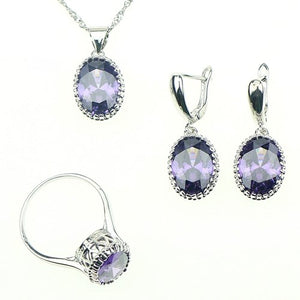 925 Silver Jewelry Sets For Women Party Accessories Purple Cubic zirconia Drop Earrings/Rings/Bracelet/Pendant/Necklace Set