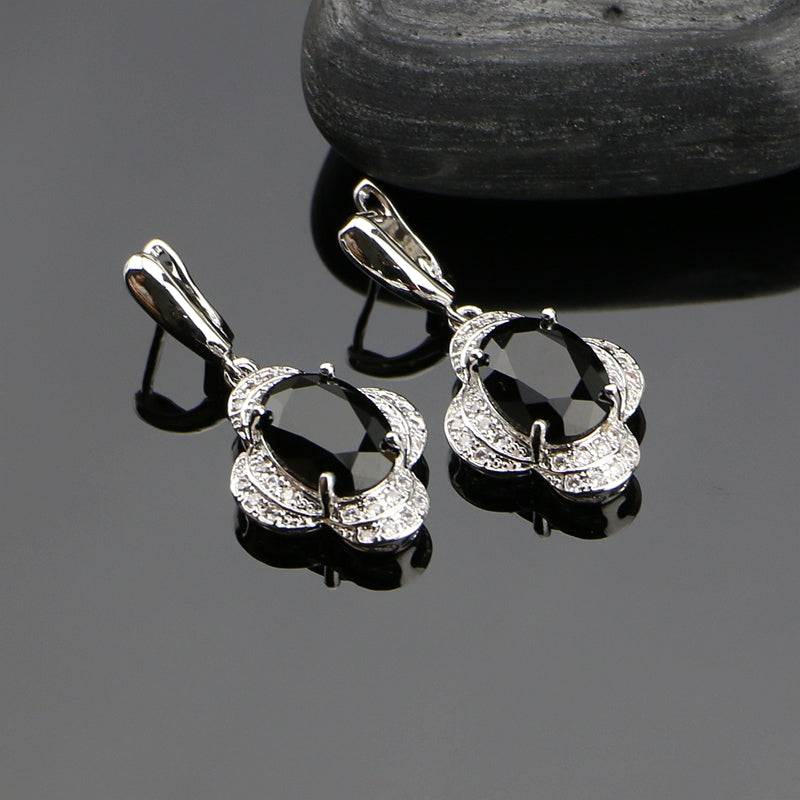 Black Cubic Zirconia White CZ Bridal 925 Sterling Silver Jewelry Sets For Women Earrings/Pendant/Ring/Bracelet/Necklace