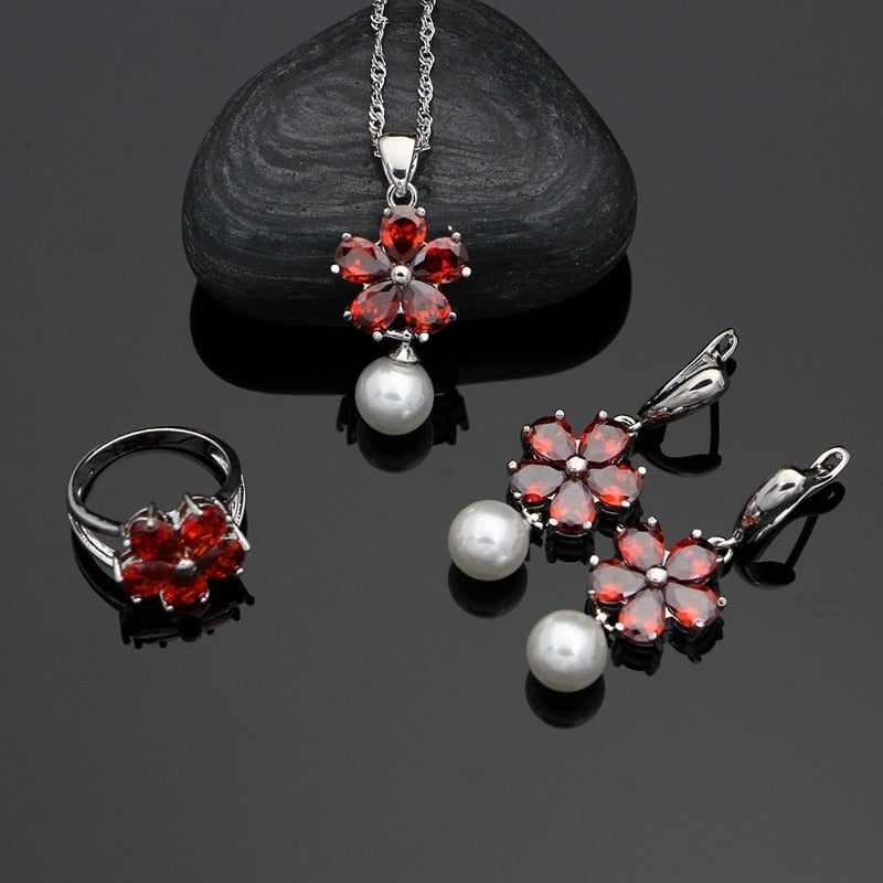 Flower Shaped 925 Silver Jewelry Sets Freshwater Pearls Red zircon For Women Wedding Earrings/Pendant/Ring/Necklace Set