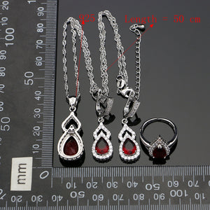 Water Drop Silver 925 Jewelry Natural Red Stone Party Jewelry Sets For Women Accessories Earrings Open Ring Necklace Set 