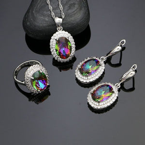 Round 925 Sterling Silver Party Jewelry Sets For Women Mystic Rainbow Stone White Crystal Earrings Pendant Ring Necklace