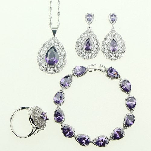 Fashion Women 925 Sterling Silver Jewelery Purple Cubic Zirconia Crystal Earrings/Pendant/Necklace/Ring/Bracelet Jewelry Sets