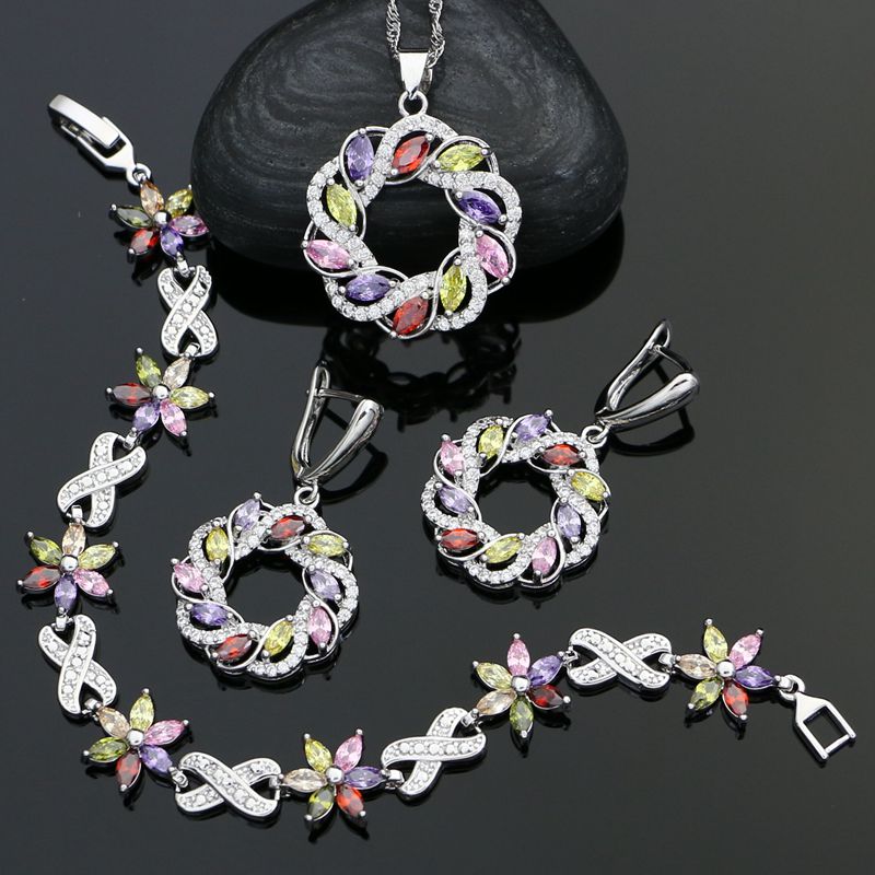 925 Silver Bridal Jewelry Sets For Women Multicolor Cubic Zirconia White Crystal Earrings/Bracelet/Necklace/Pendant Set