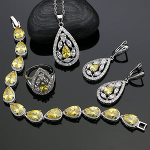 Silver 925 Jewelry Yellow Cubic Zirconia White Crystal  Jewelry Sets Earrings/Pendant/Necklace/Ring/Bracelet For Women