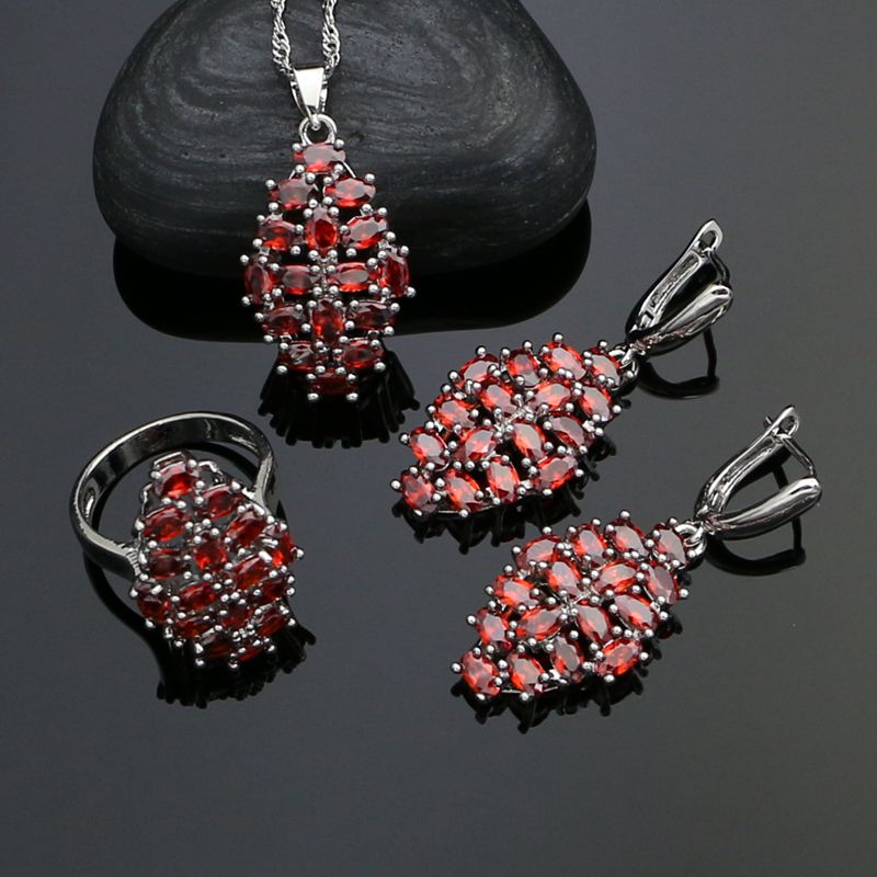 Bridal 925 Silver Wedding Jewelry Sets For Women Red Stones Earrings Ring Necklace Pendant