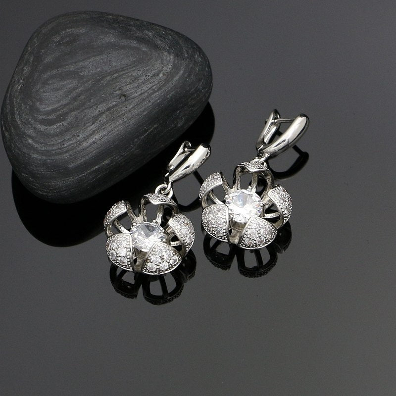 Flower Shaped Silver 925 Jewelry White Crystal Jewelry Sets For Women Wedding Earrings/Pendant/Rings/Necklace Set