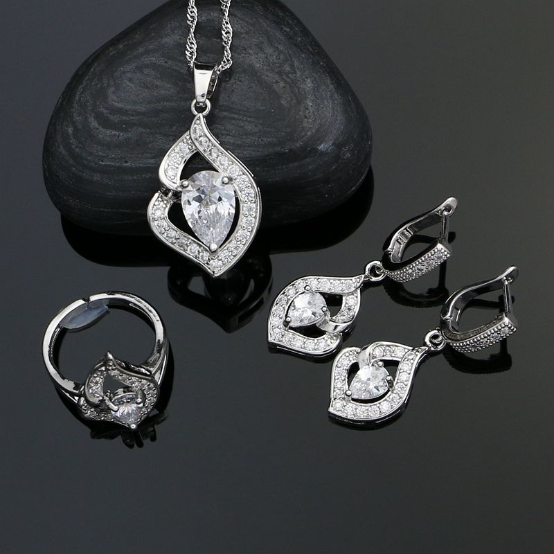 925 Silver Bridal Jewelry Sets Wedding Decoration White Cubic Zirconia Earrings Open Ring Necklace Pendant Set For Bride