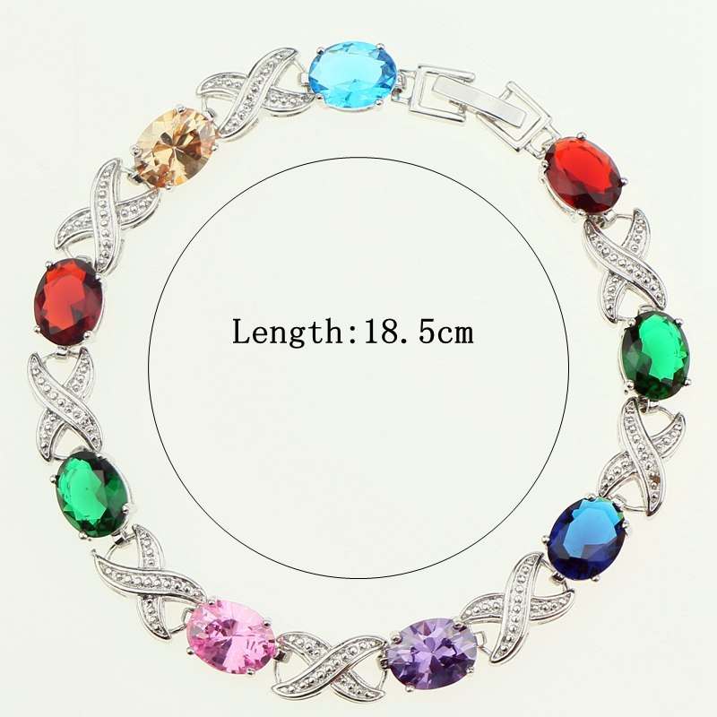 Multicolor Multigem Cubic Zirconia jewelry 925 Sterling Silver Jewelry Link Chain Bracelet Length 18.5cm Free Gift Box