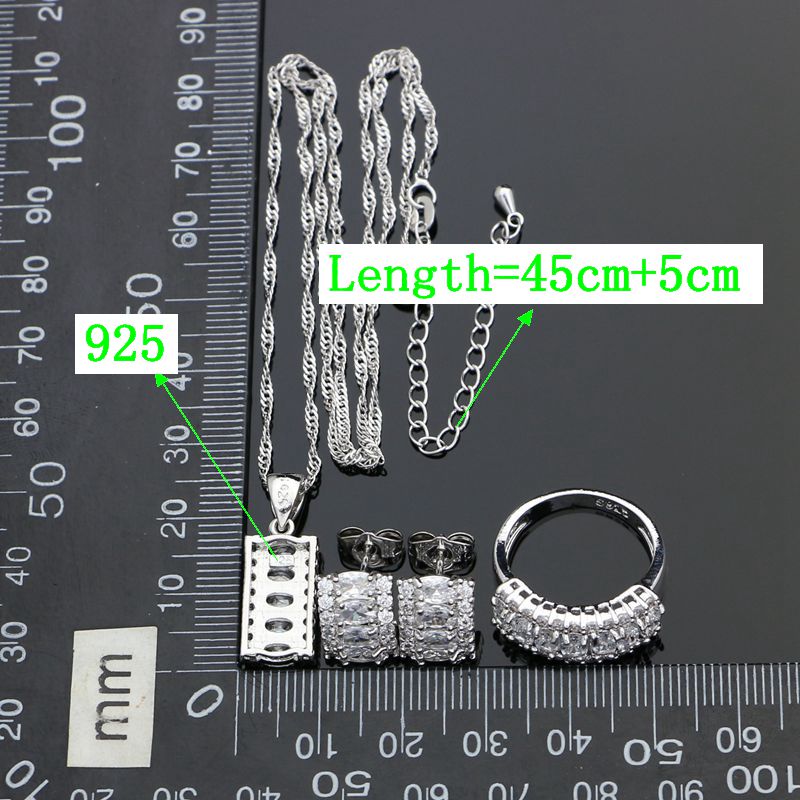 925 Sterling Silver Jewelry Sets For Women White Cubic Zirconia Crystal Stud Earrings Ring Necklace Pendant Set