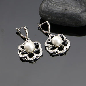 Flower 925 Silver Jewelry Sets Simulated Pearls With White Beads For Women Caucasian Wedding Earrings/Pendant/Ring/Necklace Set