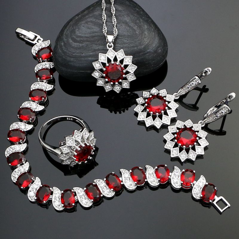 925 Sterling Silver Wedding Jewelry Sets For Bride Red Stone White Crystal Earrings/Pendant/Necklace/Ring/Bracelet Set