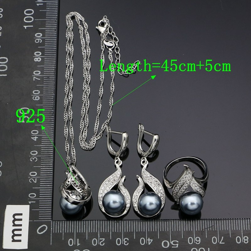 925 Silver Party Jewelry Sets For Women White Cubic Zirconia Grey Pearl Earrings Ring Bracelet Necklace Pendant Set