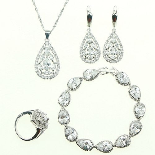 luxury Silver 925 Jewelry White Cubic Zirconia With Crystal Beads Jewelry Sets Women Earrings/Pendant/Necklace/Ring/Bracelet