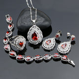 Women 925 Sterling Silver Jewelery Red Cubic Zirconia White Beads Earrings/Pendant/Ring/Bracelet/Necklace Set