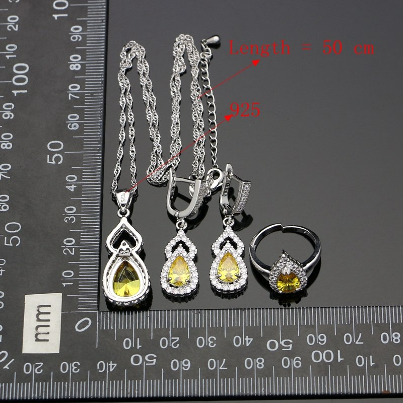 Yellow Zircon 925 Sterling Silver Jewelry Set For Caucasian Wedding With Stone Earrings Open Ring/Bracelet/Pendant/Necklace Set