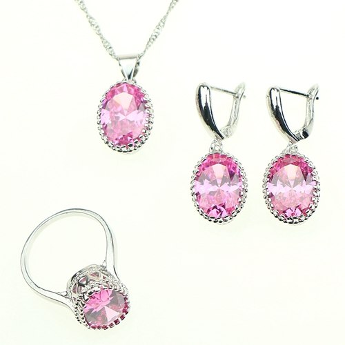 Oval Pink Crystal White Zircon Created Sterling Silver 925 Wedding Jewelry Sets For Women Earrings/Ring/Necklace Free Gift Box