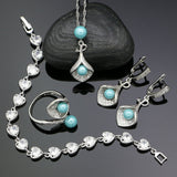 925 Silver Jewelry Sets For Women White Cubic Zirconia Blue Pearls Beads Earrings Necklace Pendant Open Ring CZ Bracelet