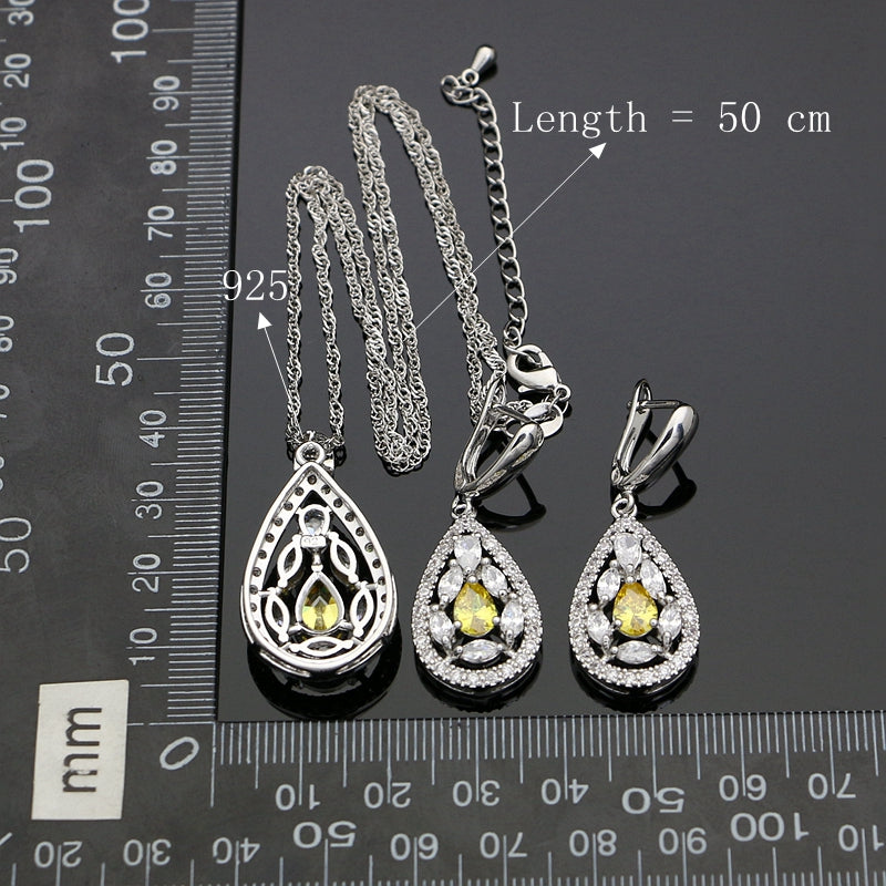 Silver 925 Jewelry Yellow Cubic Zirconia White Crystal  Jewelry Sets Earrings/Pendant/Necklace/Ring/Bracelet For Women