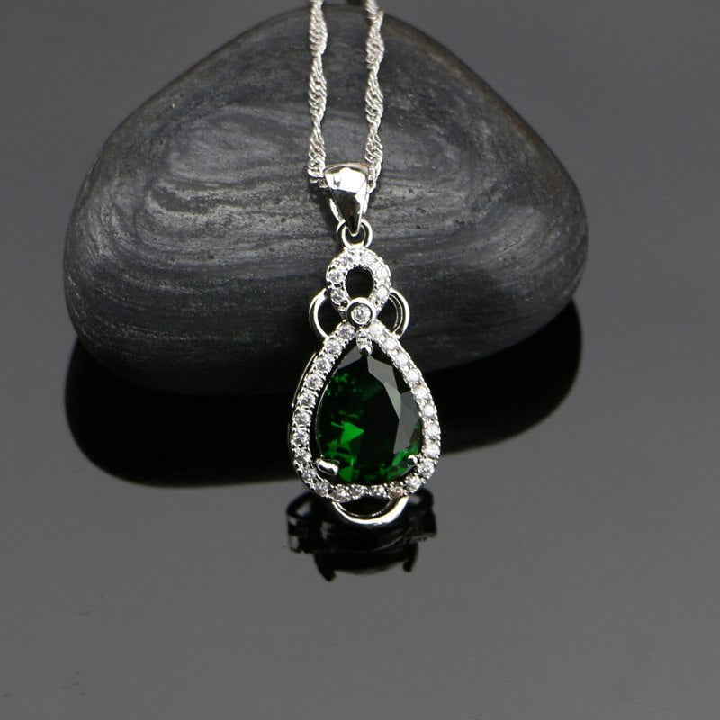 Water Drop 925 Sterling Silver Jewelry Sets Green Zircon White CZ  For Women Earrings/Ring/Necklace/Pendant Free Gift Box