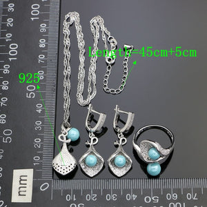 925 Silver Jewelry Sets For Women White Cubic Zirconia Blue Pearls Beads Earrings Necklace Pendant Open Ring CZ Bracelet