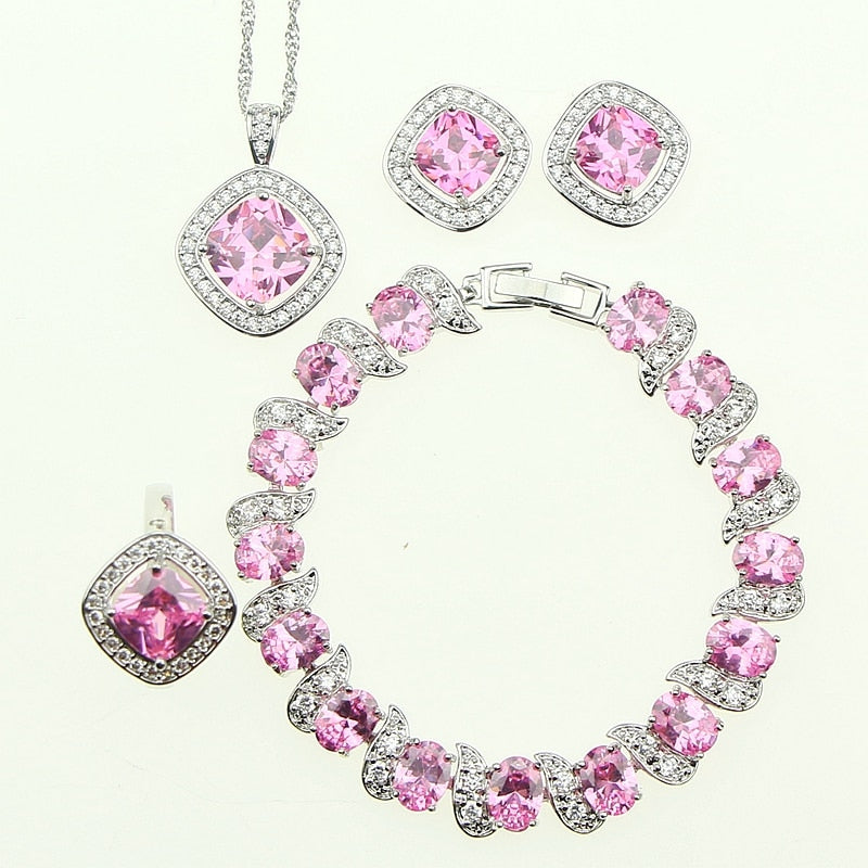 Pink Crystal Zircon Wedding 925 Sterling Silver Jewelry Sets For Women Earrings/Rings/Bracelet/Necklace/Pendant Free Box