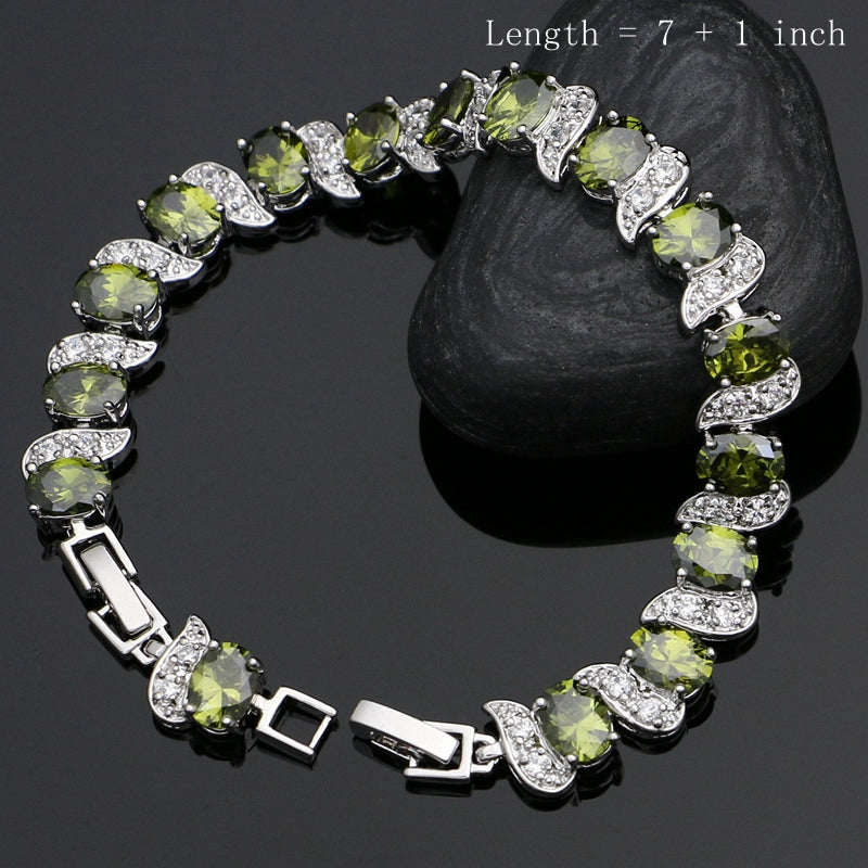 Olive Green White Crystal Silver 925 Jewelry Sets For Women Wedding Accessories Europeans Americans Jewellry Necklace Set