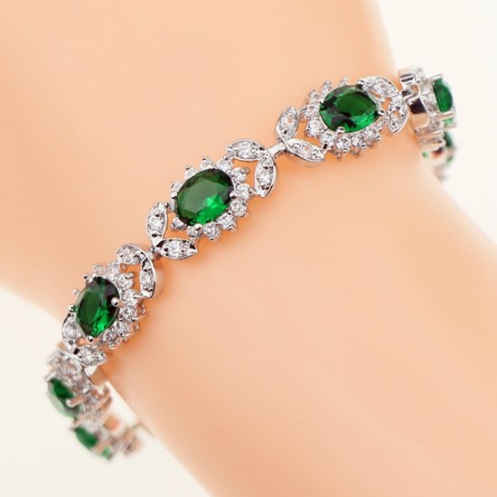 Noble Green Natural Gem Stone White Zircon 925 sterling-silver-jewelry Link Chain Bracelet 19cm For Women Wedding Free Gift Box