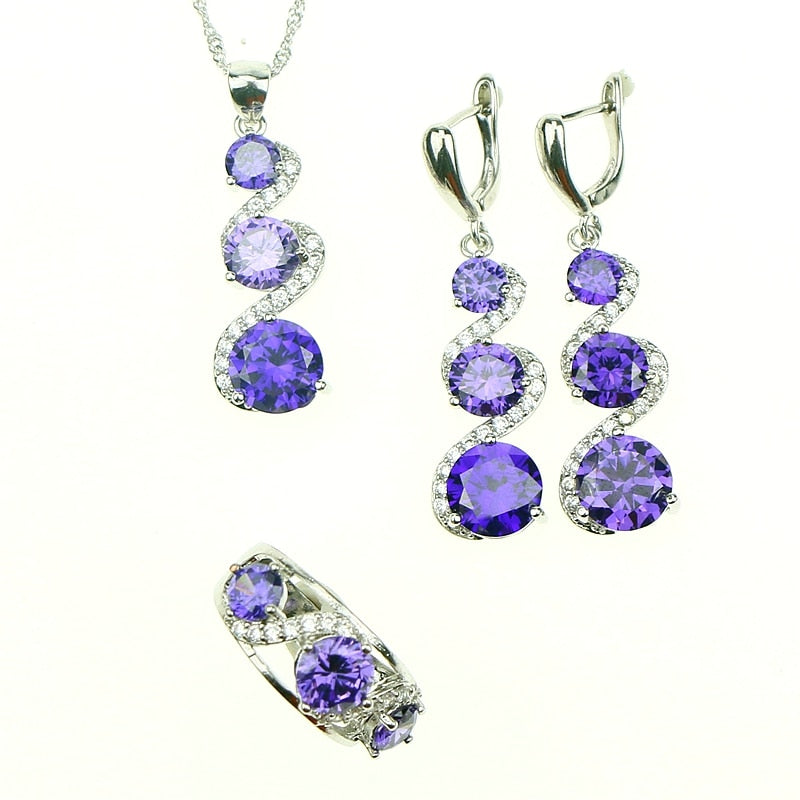 New Style women 925 Sterling Silver Jewelry Set With Purple Natural Crystal Earrings/Pendant/Necklace/Ring Free Jewelry Box