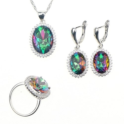 Women Oval Mystic Rainbow Fire Zircon 925 Sterling silver jewelry Sets Wedding Pendant/Necklace/Bracelet/Ring/Earrings Free Box